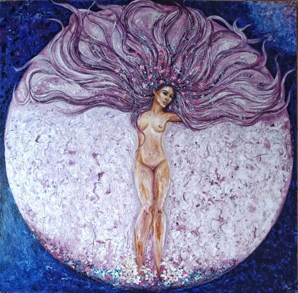 Si el esplendor se puede representar en una obra de arte esta es la apropiada, una mujer abriendo sus brazos que se evaporan en su cabello lleno de flores dentro de un mandala de luna por Agata Amgros