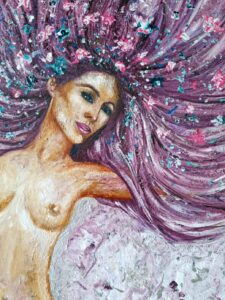Si el esplendor se puede representar en una obra de arte esta es la apropiada, una mujer abriendo sus brazos que se evaporan en su cabello lleno de flores dentro de un mandala de luna por Agata Amgros