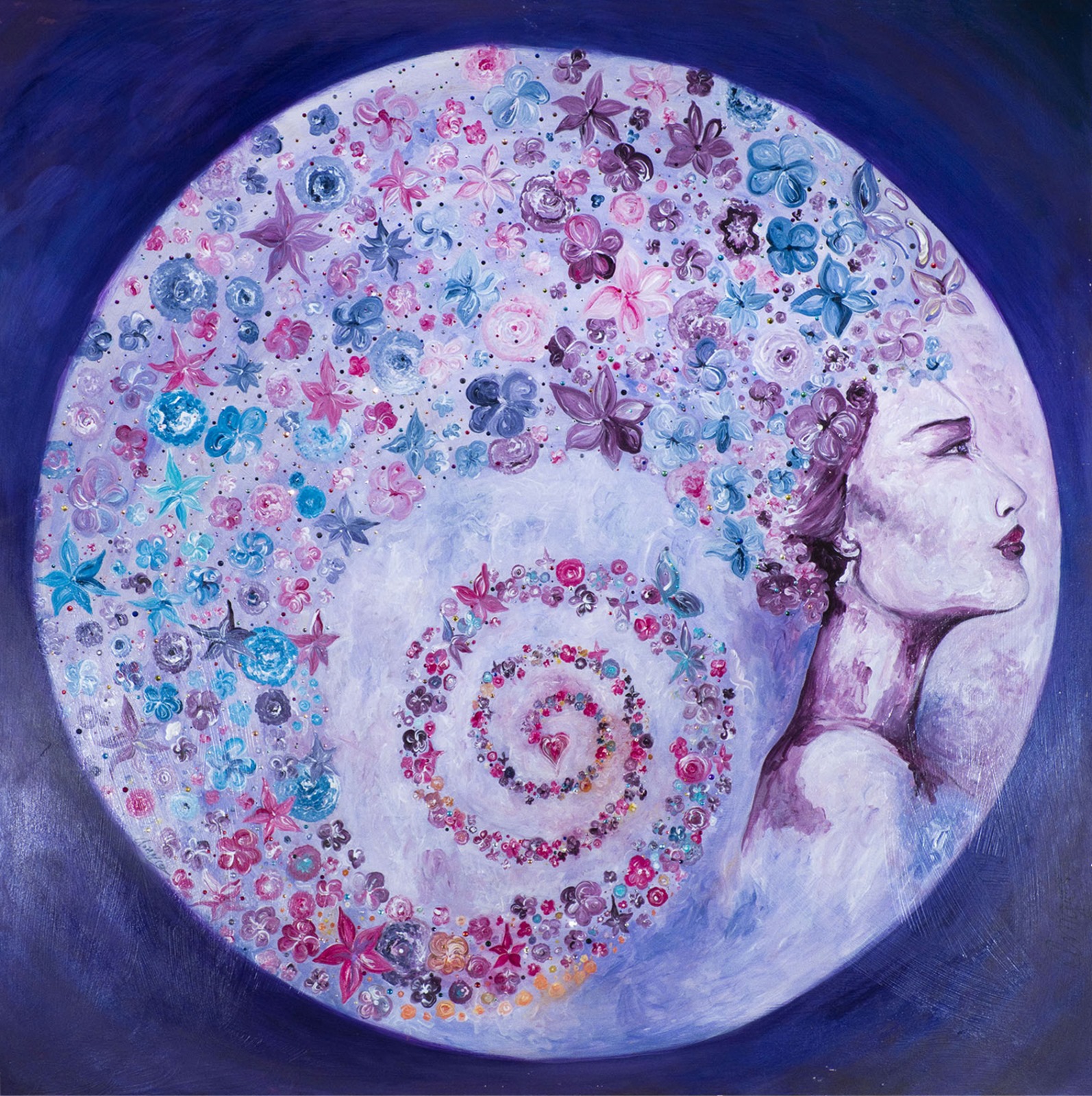 Belleza, pintura de Agata Amgros: una mujer de perfil dentro de una luna llena, con el pelo convertido en flores que giran en espiral hasta un pequeño corazón